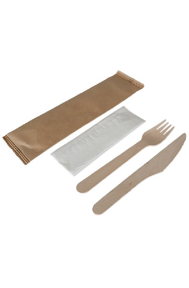 KIT COUVERT BOIS 3 EN 1 - FOURCHETTE COUTEAU SERVIETTE x250