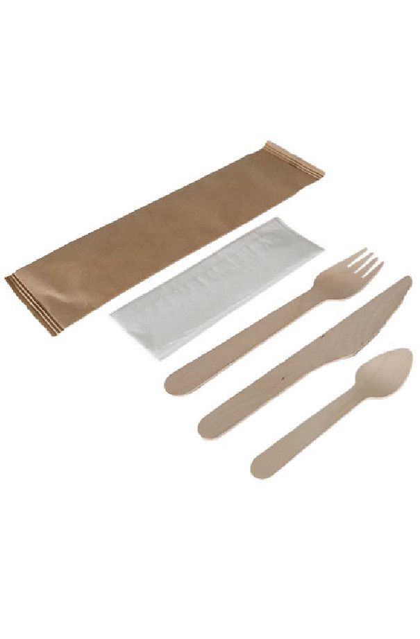 KIT COUVERT BOIS 4 EN 1 - FOURCHETTE COUTEAU CUILLERE SERVIETTE x250