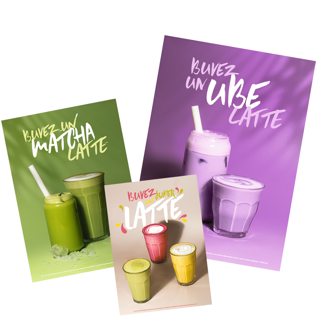 Affiches PLV DeliDrinks pour matcha latte, ube latte et lattes colorés